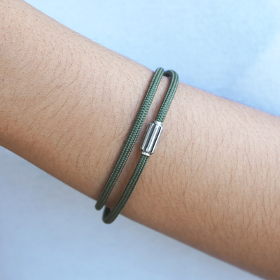 Sterling silver pendant cord bracelet, 'Green Vanguard' - Double-Strand Sterling Silver Pendant Bracelet in Green