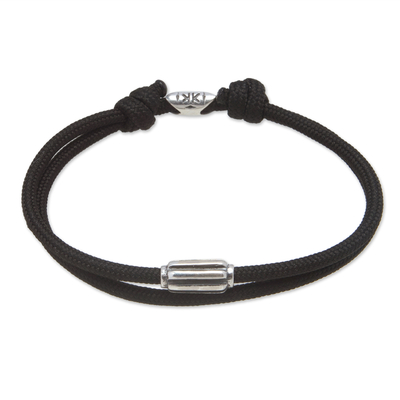 Sterling silver pendant cord bracelet, 'Black Vanguard' - Double-Strand Sterling Silver Pendant Bracelet in Black