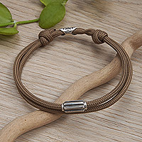 Sterling silver pendant cord bracelet, 'Coffee Vanguard' - Double-Strand Sterling Silver Pendant Bracelet in Coffee Hue