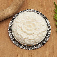 Sterling silver brooch pin, 'Classic Balinese' - 925 Silver Brooch Pin and Pendant with Carved Flower Accent