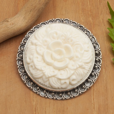 Sterling silver brooch pin, 'Classic Balinese' - 925 Silver Brooch Pin and Pendant with Carved Flower Accent