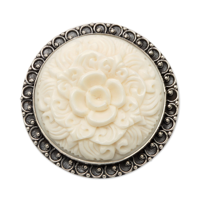 Sterling silver brooch pin, 'Classic Balinese' - 925 Silver Brooch Pin and Pendant with Carved Flower Accent