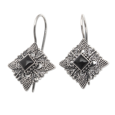 Onyx drop earrings, 'Dark Allure' - Oxidized Sterling Silver Drop Earrings with Black Onyx Stone