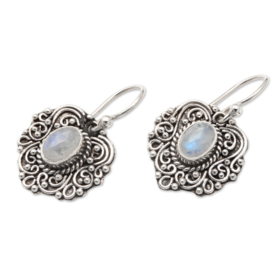 Rainbow moonstone dangle earrings, 'Luminous Splendor' - Balinese Silver Dangle Earrings with Rainbow Moonstone Gems