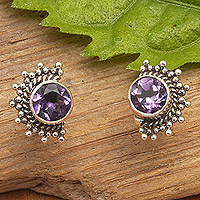 Amethyst stud earrings, 'Crescent Wisdom' - Polished Sterling Silver Stud Earrings with Amethyst Stones