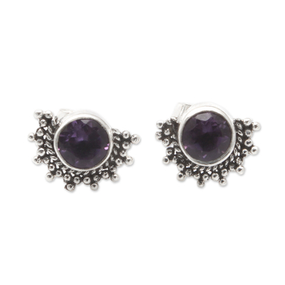 Amethyst stud earrings, 'Crescent Wisdom' - Polished Sterling Silver Stud Earrings with Amethyst Stones