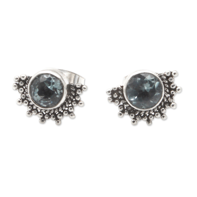 Blue topaz stud earrings, 'Crescent Loyalty' - Polished Sterling Silver Stud Earrings with Blue Topaz Gems
