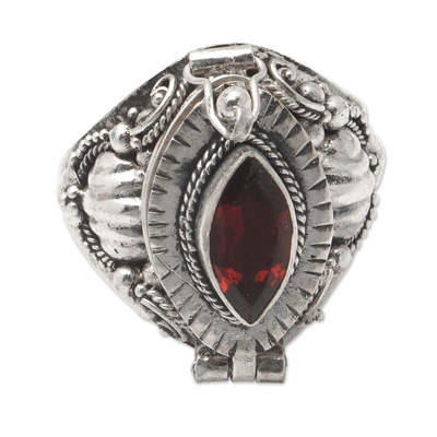 Garnet locket ring, 'Color of Passion' - Sterling Silver Locket Ring with Garnet Stone from Bali
