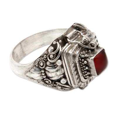 Carnelian locket ring, 'Trendy Red' - Sterling Silver Locket Ring with Carnelian Stone from Bali