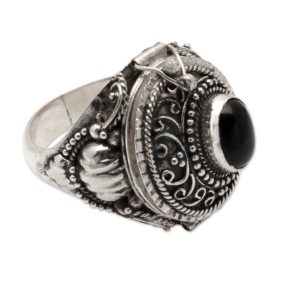 Onyx locket ring, 'Midnight Chic' - Sterling Silver Locket Ring with Black Onyx Stone from Bali