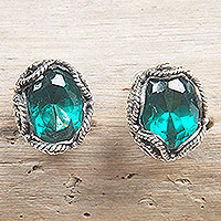 Quartz stud earrings, 'Dainty Green' - Sterling Silver Stud Earrings with Oval Green Quartz Stones