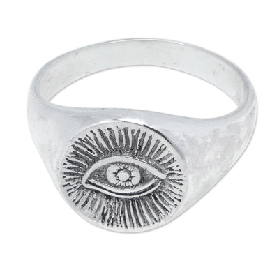 Sterling silver signet ring, 'Icon of Mysticism' - Polished Sterling Silver Signet Ring with Mystic Eye Symbol