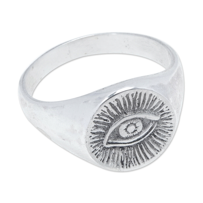 Sterling silver signet ring, 'Icon of Mysticism' - Polished Sterling Silver Signet Ring with Mystic Eye Symbol