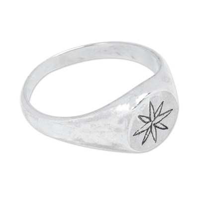 Sterling silver signet ring, 'Icon of Stars' - Polished Sterling Silver Signet Ring with Star Symbol