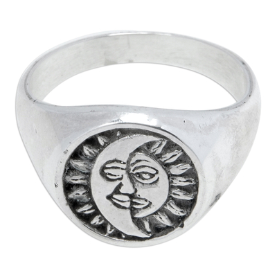 Sterling silver signet ring, 'Icon of Universe' - Polished Sterling Silver Signet Ring with Moon and Sun Sign