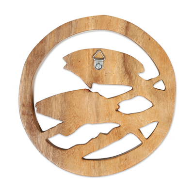 Wood relief panel, 'Pisces Firmament' - Pisces-Themed Hand-Carved Round Suar Wood Relief Panel