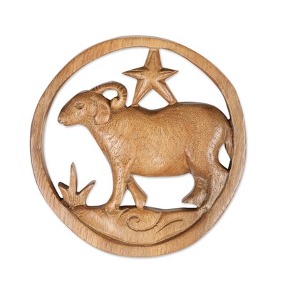 Wood relief panel, 'Aries Firmament' - Aries-Themed Hand-Carved Round Suar Wood Relief Panel