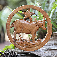 Wood relief panel, 'Taurus Firmament' - Taurus-Themed Hand-Carved Round Suar Wood Relief Panel