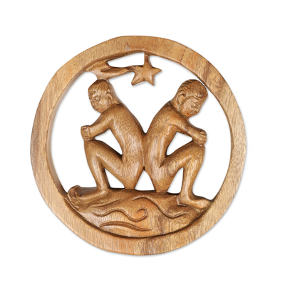 Wood relief panel, 'Gemini Firmament' - Gemini-Themed Hand-Carved Round Suar Wood Relief Panel