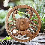 Cancer-Themed Hand-Carved Round Suar Wood Relief Panel, 'Cancer Firmament'