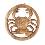 Wood relief panel, 'Cancer Firmament' - Cancer-Themed Hand-Carved Round Suar Wood Relief Panel