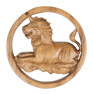 Wood relief panel, 'Leo Firmament' - Leo-Themed Hand-Carved Round Suar Wood Relief Panel