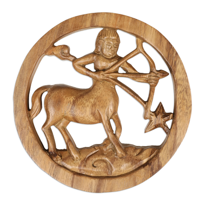 Wood relief panel, 'Sagittarius Firmament' - Sagittarius-Themed Hand-Carved Round Suar Wood Relief Panel