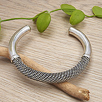 Sterling silver cuff bracelet, 'Snake Feel' - Scale-Patterned Sterling Silver Cuff Bracelet Made in Bali