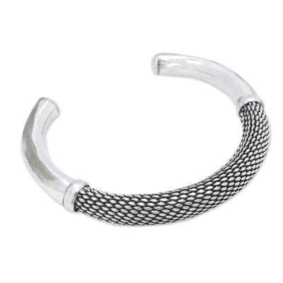 Sterling silver cuff bracelet, 'Snake Feel' - Scale-Patterned Sterling Silver Cuff Bracelet Made in Bali
