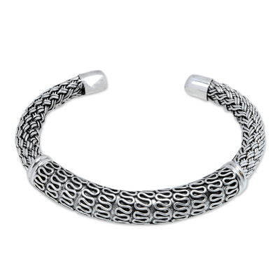 Sterling silver cuff bracelet, 'Traditional Braid' - Polished Sterling Silver Cuff Bracelet from Bali