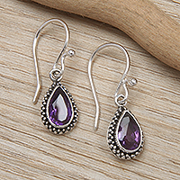 Amethyst dangle earrings, 'Wisdom Pear' - Sterling Silver Dangle Earrings with Pear Amethyst Stones