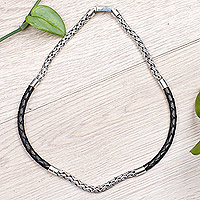 Men's leather and sterling silver chain necklace, 'One Strength' - Men's Sterling Silver and Leather Chain Necklace from Bali