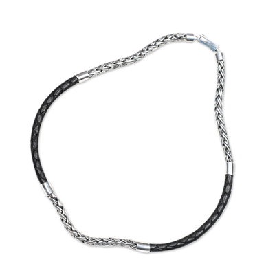 Men's leather and sterling silver chain necklace, 'One Strength' - Men's Sterling Silver and Leather Chain Necklace from Bali