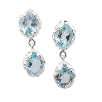 Blue topaz dangle earrings, 'Two Orchids' - Leaf-Themed Blue Topaz and Sterling Silver Dangle Earrings