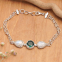 Rainbow moonstone and quartz pendant bracelet, 'Garden of Splendor' - Silver Rainbow Moonstone Quartz Leaf-Themed Pendant Bracelet