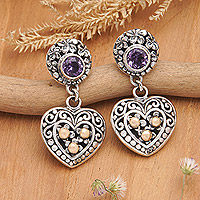Gold-accented amethyst dangle earrings, 'Frangipani Wise Heart' - Heart-Shaped Dangle Earrings with Amethyst & Gold Accents
