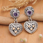 Gold-accented amethyst dangle earrings, 'Frangipani Wise Heart' - Heart-Shaped Dangle Earrings with Amethyst & Gold Accents
