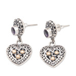 Gold-accented amethyst dangle earrings, 'Frangipani Wise Heart' - Heart-Shaped Dangle Earrings with Amethyst & Gold Accents