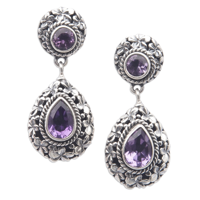 Amethyst dangle earrings, 'Wise Frangipani' - 1-Carat Faceted Amethyst Dangle Earrings with Floral Details