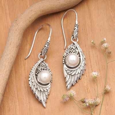 Cultured pearl dangle earrings, 'Pearly Swan' - Classic Sterling Silver Dangle Earrings with White Pearls