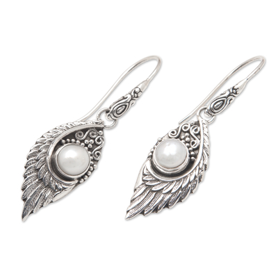 Cultured pearl dangle earrings, 'Pearly Swan' - Classic Sterling Silver Dangle Earrings with White Pearls
