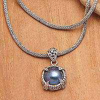 Cultured pearl pendant necklace, 'Peaceful Force' - Traditional Sterling Silver Pendant Necklace with Blue Pearl