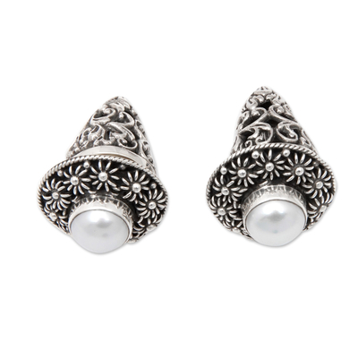Aretes de perlas cultivadas - Pendientes Botón Florales en Plata de Ley con Perlas Blancas