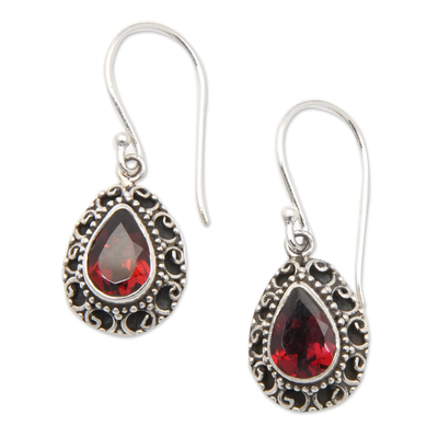 Garnet dangle earrings, 'Luxurious Winds in Red' - Sterling Silver Dangle Earrings with Two-Carat Garnet Gems
