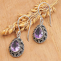 Amethyst dangle earrings, 'Luxurious Winds in Purple' - Sterling Silver Dangle Earrings with One-Carat Amethyst Gems