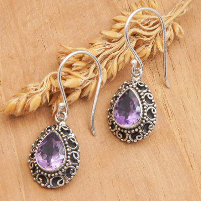 Amethyst dangle earrings, 'Luxurious Winds in Purple' - Sterling Silver Dangle Earrings with One-Carat Amethyst Gems