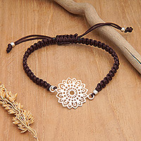 Sterling silver macrame pendant bracelet, 'Chocolate Balance' - Mandala Chocolate Macrame Bracelet with Polished Pendant