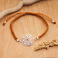 Sterling silver macrame pendant bracelet, 'Honey Balance' - Mandala Honey Macrame Bracelet with Polished Pendant