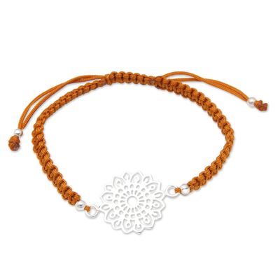 Sterling silver macrame pendant bracelet, 'Honey Balance' - Mandala Honey Macrame Bracelet with Polished Pendant
