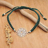 Sterling silver macrame pendant bracelet, 'Forest Balance' - Mandala Green Macrame Bracelet with Polished Pendant